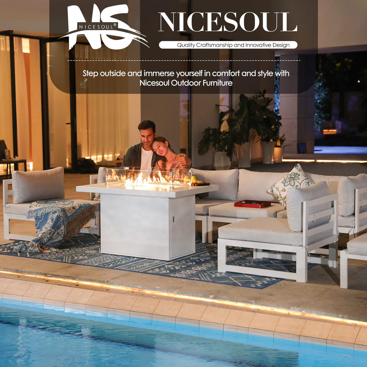 NICESOUL 9 Piece Luxury Aluminum Outdoor Sectional Sofa with Fire Pit Table, Oversized L Shaped Patio Furniture Set, 29" Deep Wide Seating, 500 lbs Heavy Duty Conversation Set for Backyard, Light Grey NICESOUL