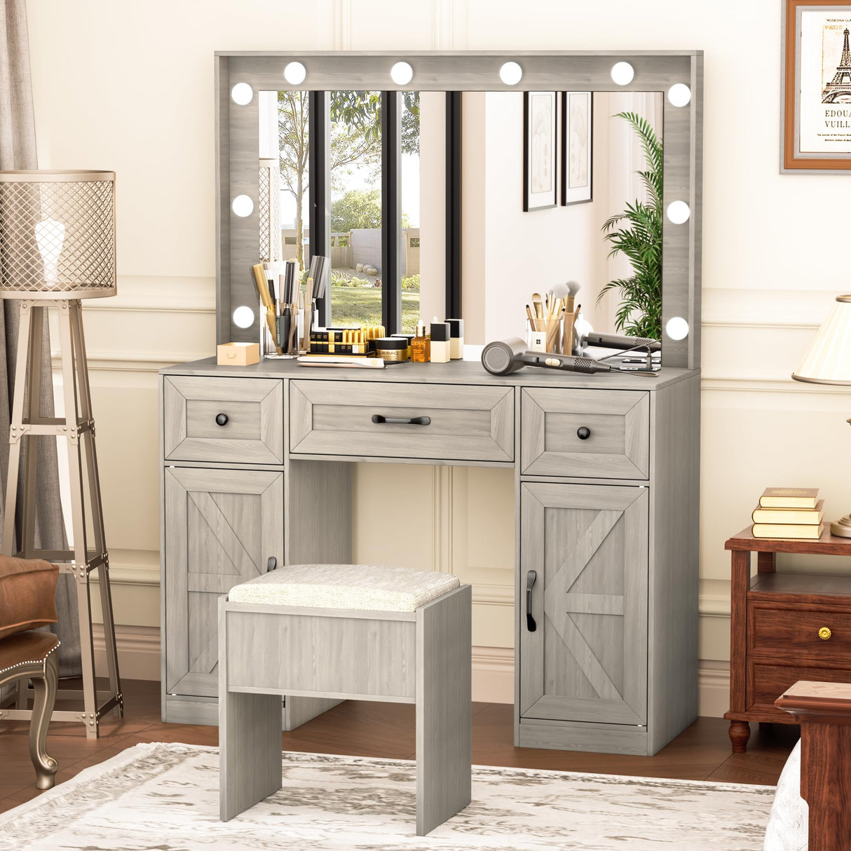 INTERGREAT 57" Makeup Vanity Desk with Large Mirror and 10 LED Lights,Farmhouse Vanity Table with Power Outlet & 5 Drawers,3 Lighting Color Adjustable,Dressing Table for Bedroom,Dressing Room,Grey INTERGREAT
