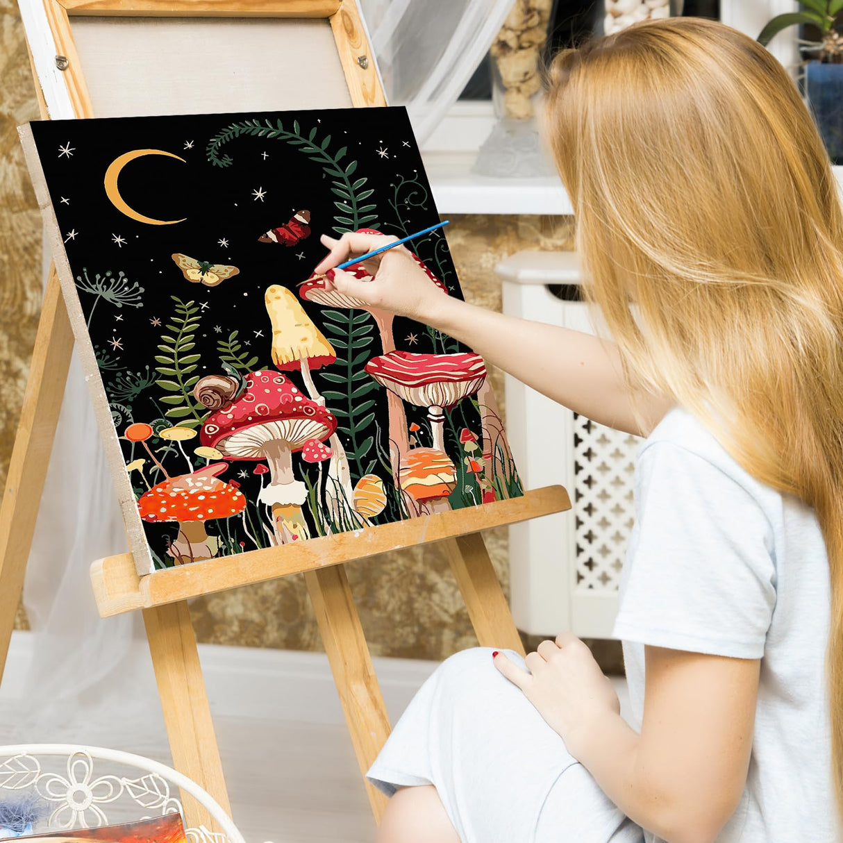 Ginkko Paint by Numbers Kit for Adults Beginner & Kids Ages 8-12 with Wooden Frame Easy Acrylic on Canvas 12x16 inch with Paints and Brushes, Moon Mushroom Forest Butterfly(Include Framed) Ginkko