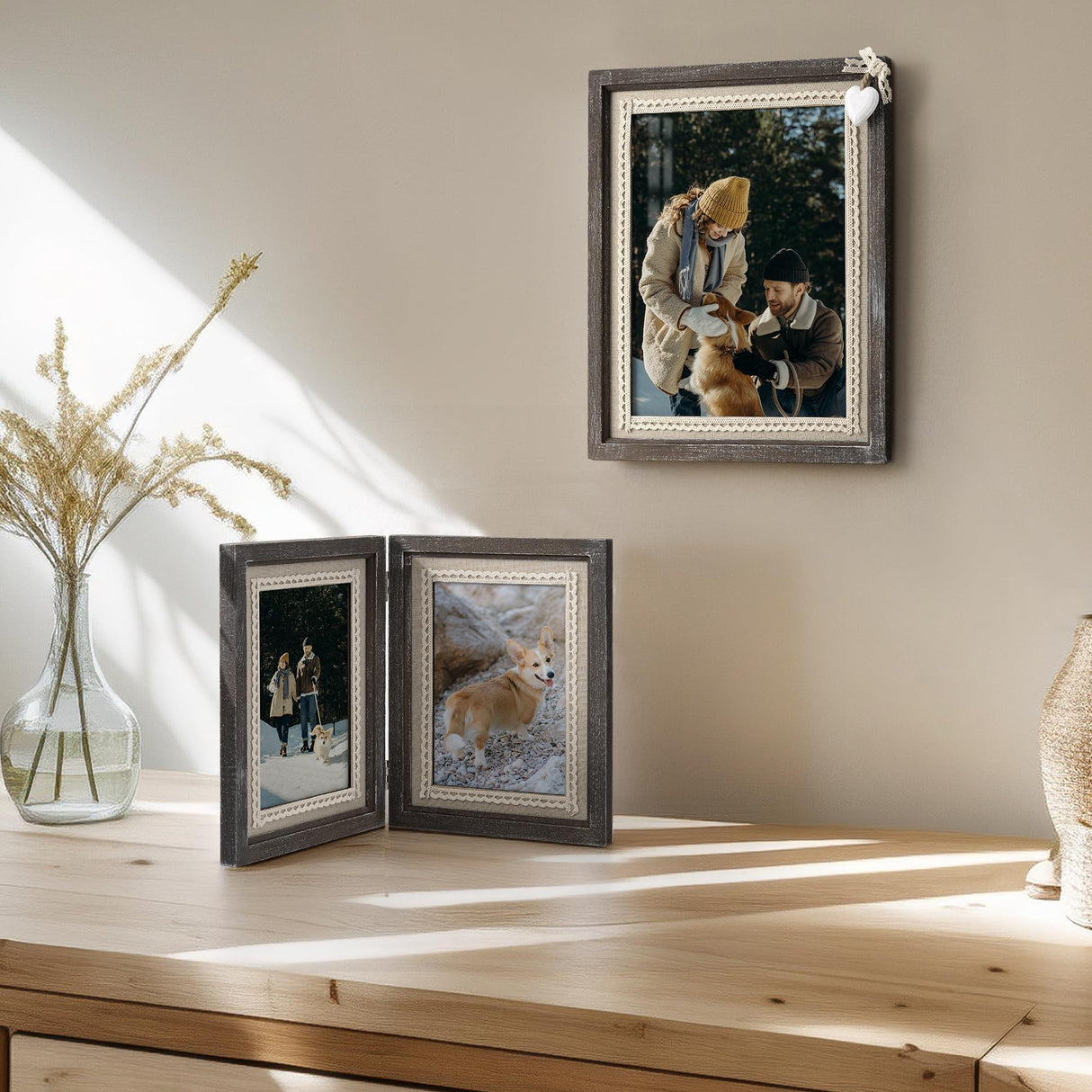 Afuly 8x10 Picture Frame Wooden Distressed Rustic Photo Frame with White Heart Burlap Lace, Solid Wood Frame for Farmhouse Wall Tabletop Home Decor Anniversary Wedding Gifts for Mom Grandma Afuly