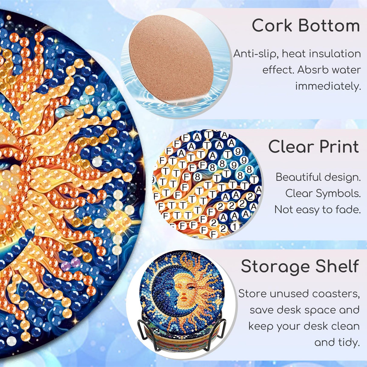 8 PCS Sun and Moon Diamond Art Coasters-Sun Diamond Painting Coasters Kits with Holder, DIY Moon Coaster Kit with Cork Bases for Adults Beginners as Gift Home Decors HITO