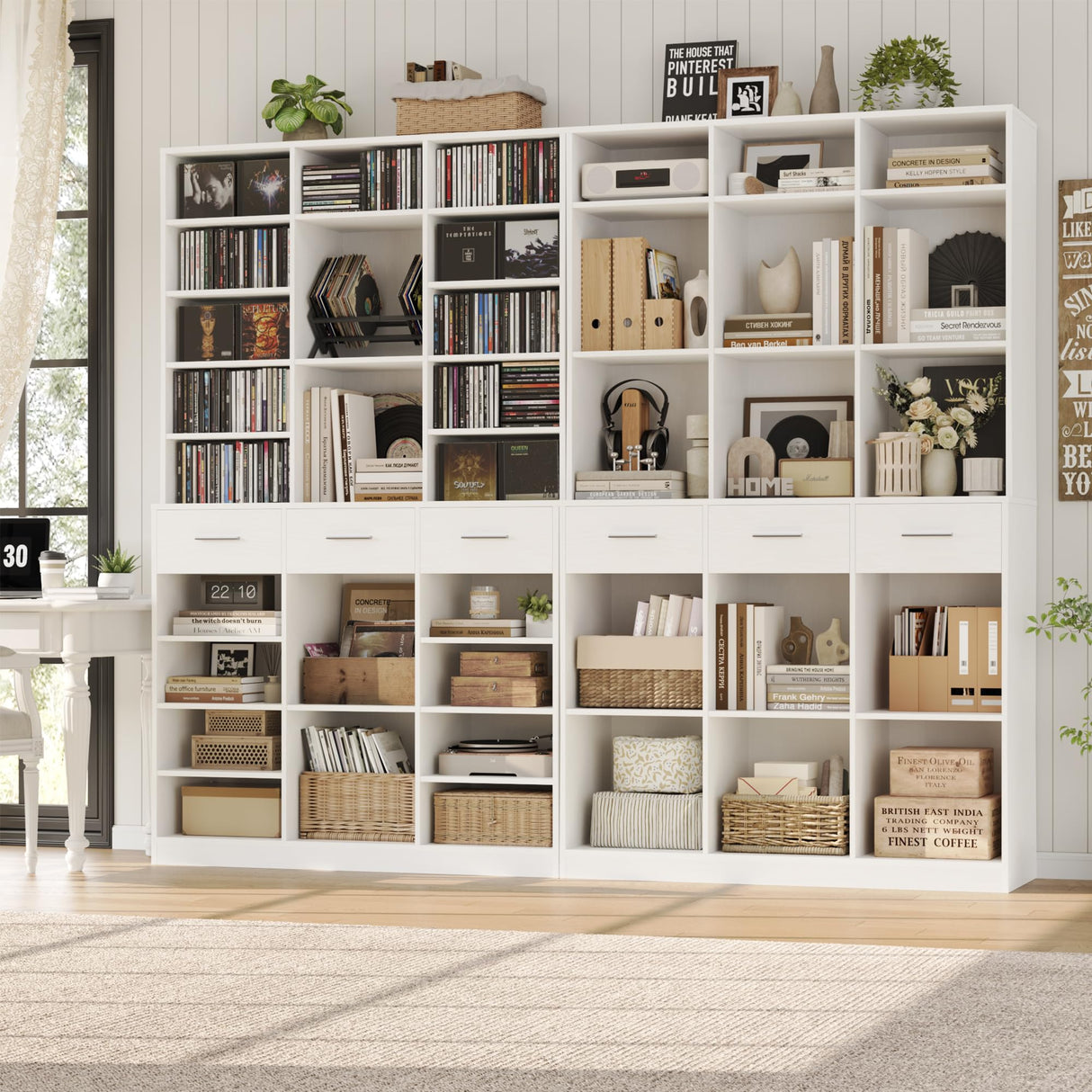 HOSTACK 75" Tall Book Shelf and Bookcase, 47" Wide Bookshelf with Drawers, Modern 9 Tier Bookcase with Storage, Large Wood Display Cabinet with Adjustable Shelves for Living Room, Home Office, White HOSTACK