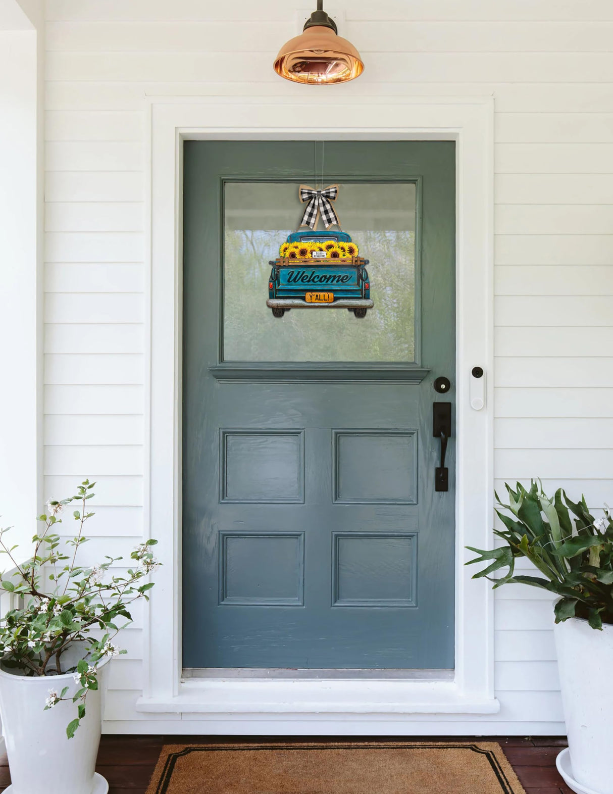 Interchangeable Welcome Sign for Front Door Blue Farmhouse Truck Decor Hanging Sign with 11 Interchangeable Seasonal and Holiday Decor Signs 12x14 in. (Blue Farmhouse Truck) Parallel Decor