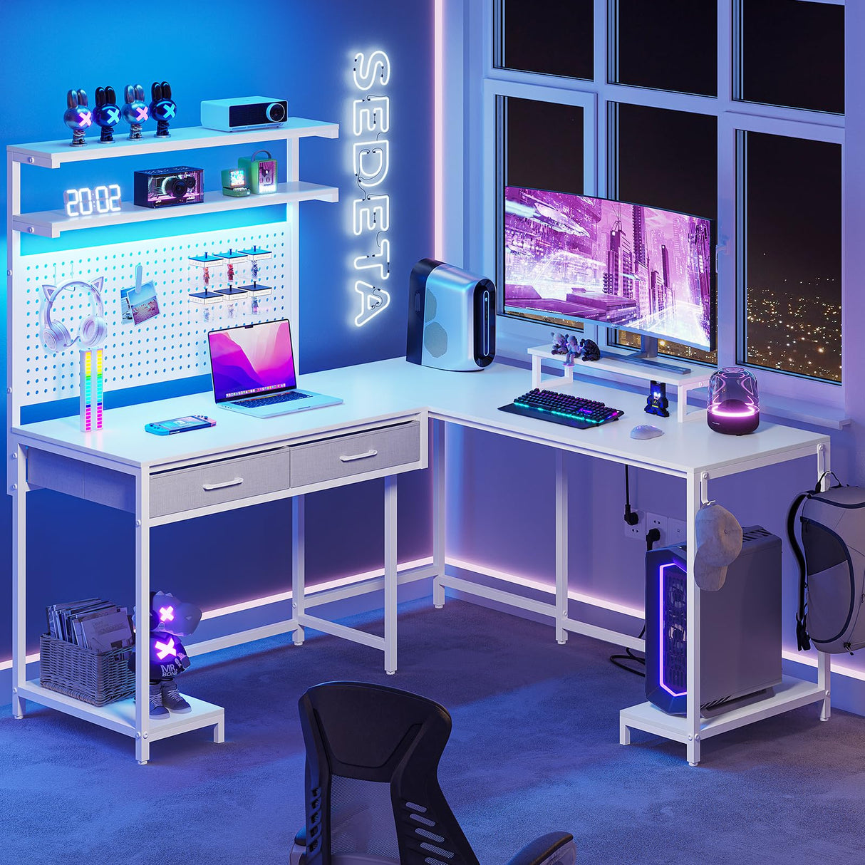 SEDETA White L Shaped Gaming Desk with LED Lights and Drawers, Gaming Desk with Hutch & Pegboard, Computer Desk with Monitor Stand, Storage Shelves, Home Office Desk Corner Desk, Gaming Table SEDETA