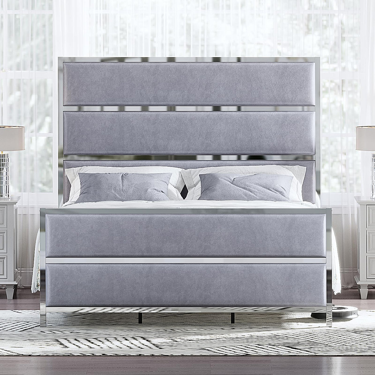 AMERLIFE 59" King Size Bed Frame, Velvet Upholstered Bed with Silver Trim Headboard & Footboard, Channel Tufted Platform Bed Frame, No Box Spring Needed/Light Grey AMERLIFE