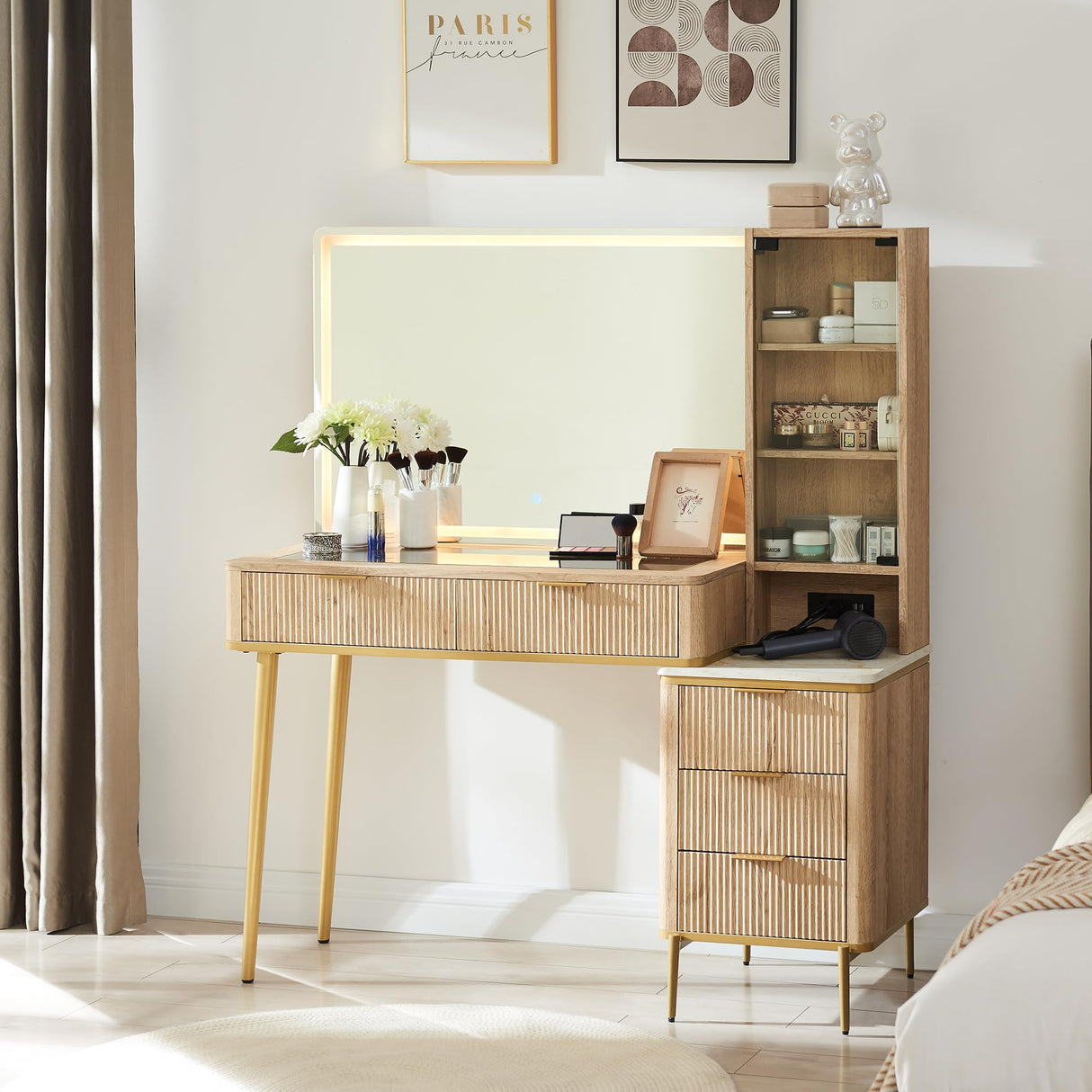 T4TREAM Makeup Vanity Desk with 36" HD Lighted Mirror, 48" Big Modern Vanity Desk with Mirror and Lights, Dressing Table with 5 Drawers & Shelves, Glass Top for Bedroom (Natural Oak) T4TREAM