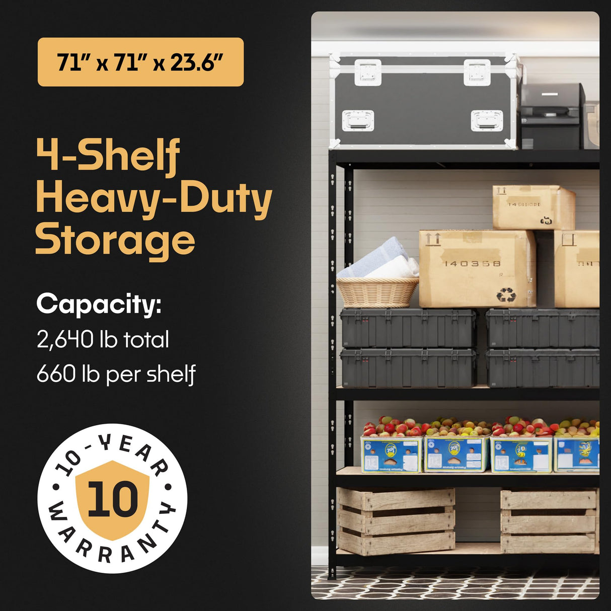 Storage Shelves: 4 Storage Shelves Heavy Duty w/ 2,640 lb Total Load Capacity, 660 per Storage Shelf, 71x71x24 | Adjustable Shelving Unit, Robust Garage Shelving, Extra Long Steel Profiles Metalkas