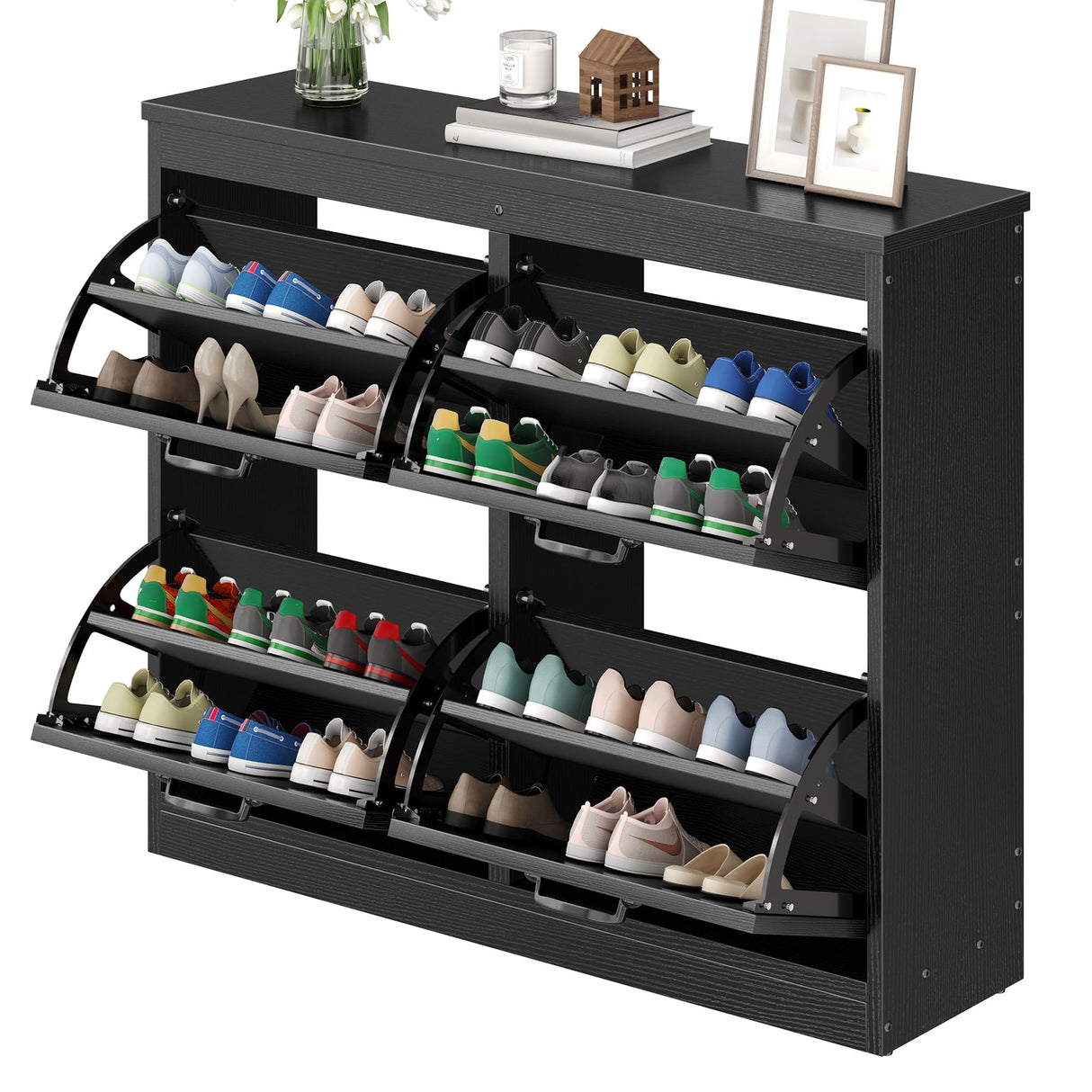 YITAHOME Shoe Cabinet with 4 Flip Drawers, Freestanding Shoe Rack, Shoe Organizer, Narrow Shoe Cabinet for EntryWay Hallway Living Room, Black YITAHOME