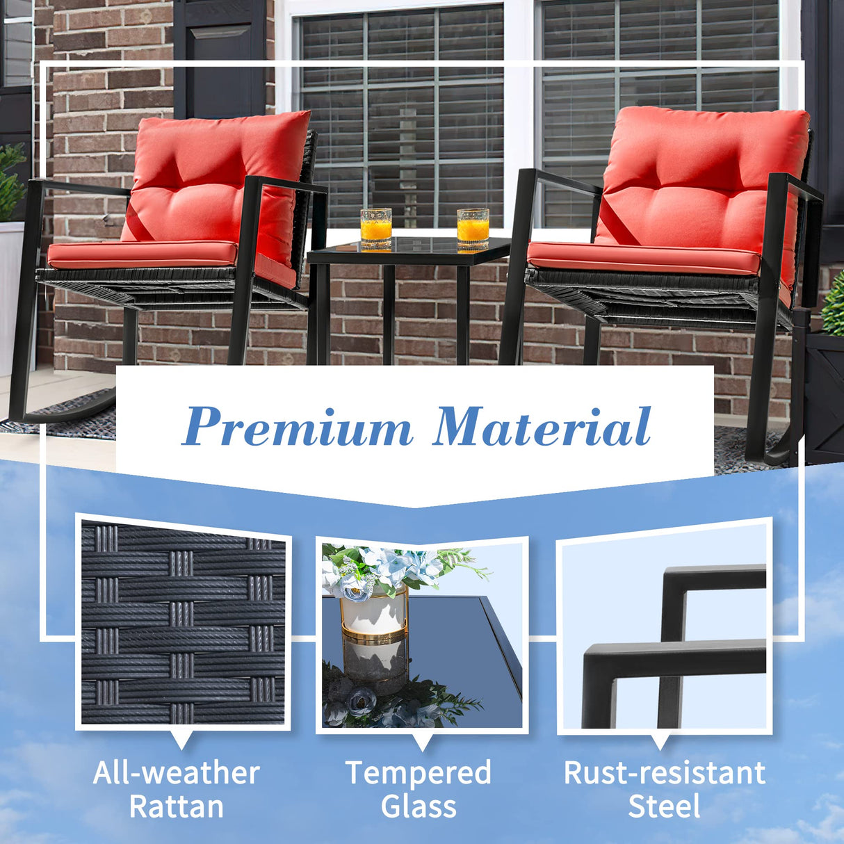 Flamaker 3 Pieces Patio Furniture Set Rocking Wicker Bistro Sets Modern Outdoor Rocking Chair Furniture Sets Clearance Cushioned PE Rattan Chairs Conversation Sets with Coffee Table (Red) Flamaker