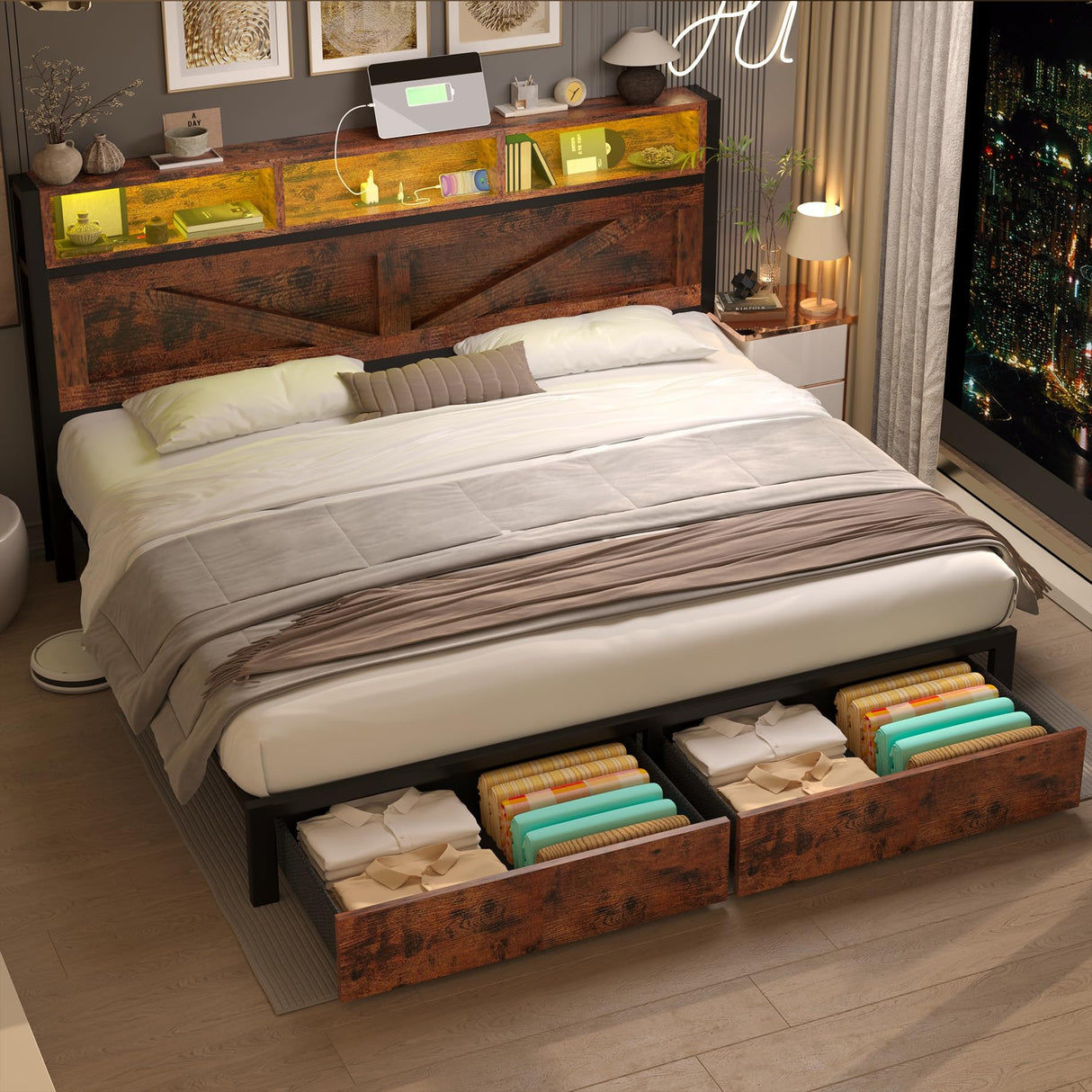 Farmhouse King Bed Frame with Bookcase Headboard and Storage Drawers, LED Lights and Charging Station, No Box Spring Needed, Noise Free, Rustic Brown Fastroby