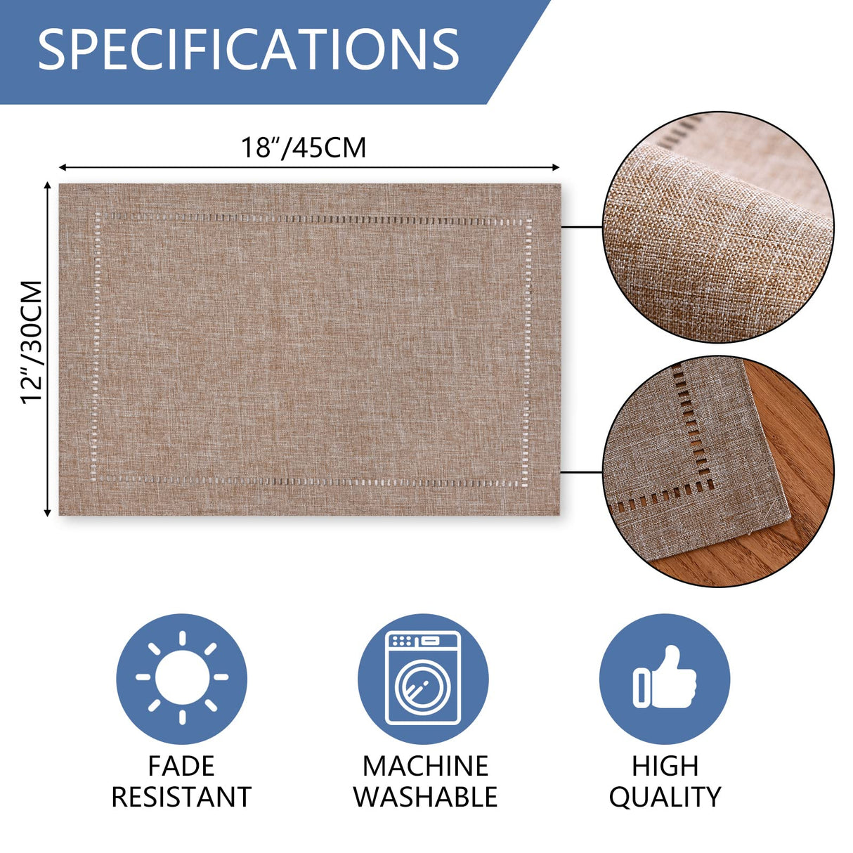 Tosewever Set of 4 Decorative Linen Placemats 12 x 18 Inches, Farmhouse Style Table Mats for Everyday Dining Wedding Party Holiday Home Decor (4 Pieces 12 x 18”, Light Coffee/Straight) Tosewever