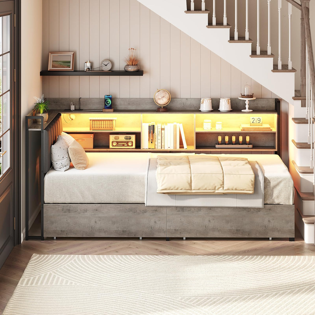 RALGEND Corner Bed Frame with Bookcase Storage and PU Upholstered, Twin Daybed with 2 Drawers and Charging Station, Metal Platform Bed Fram for Living Room, Bedroom, Guest Room, Gray and Black RALGEND