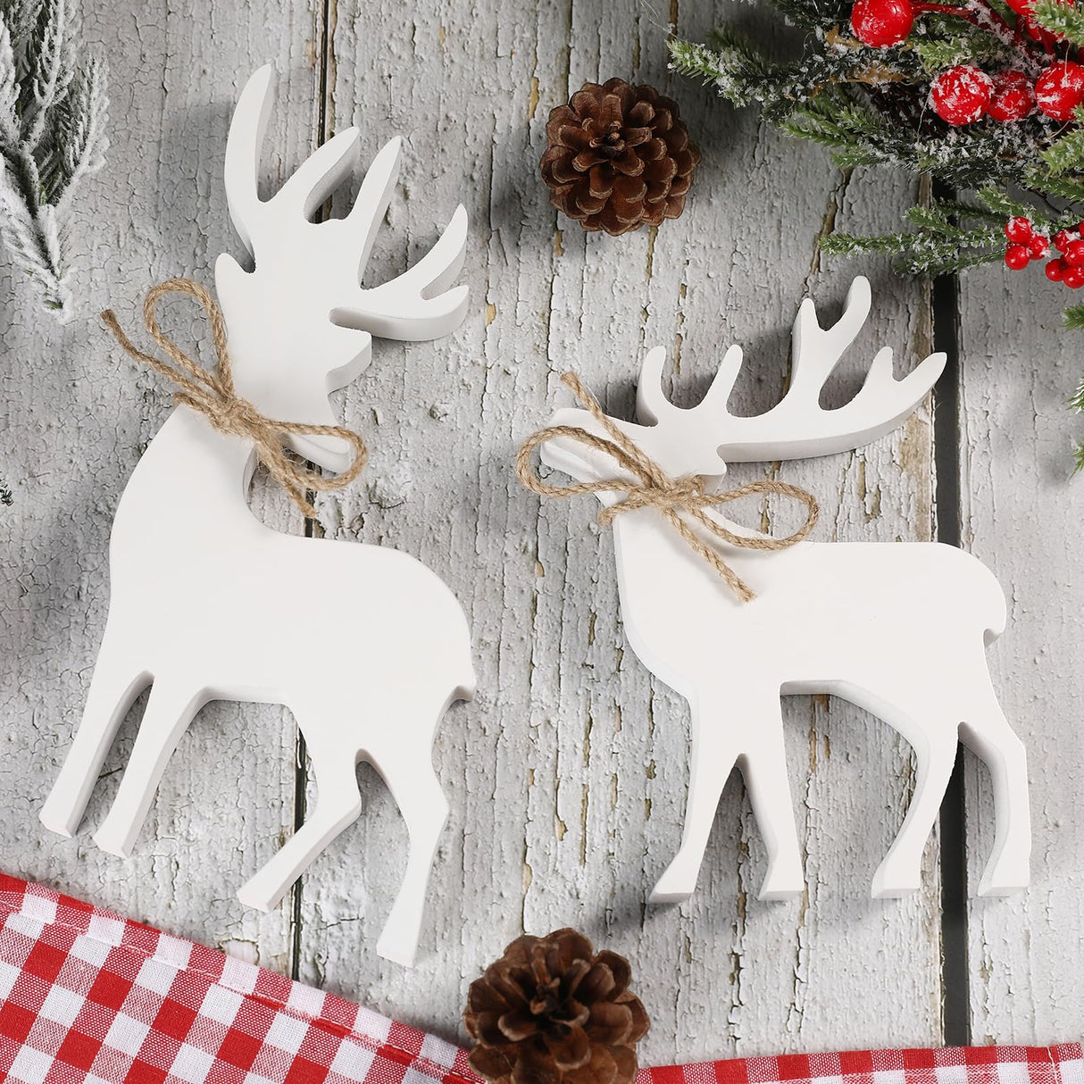 Christmas Decorations-2PCS Wooden Reindeer Sign-Christmas Decorations for Home Shelf Mantel Table Windowsill Party Decor FunouHome