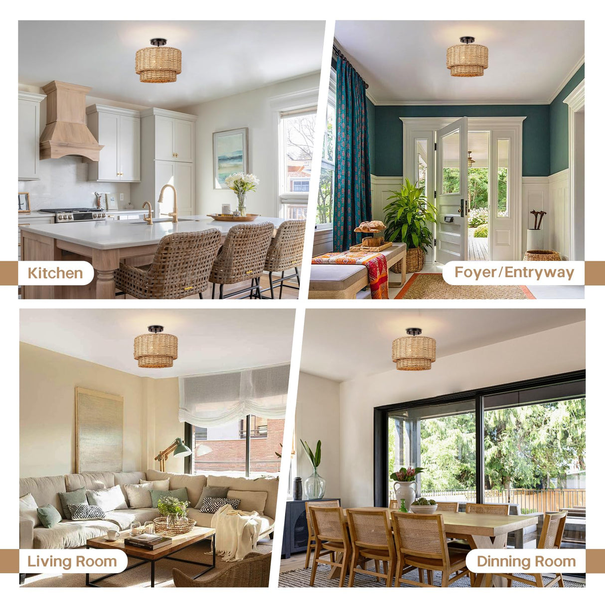 13" Woven Rattan-Style Boho Light Fixture Ceiling Mount,Farmhouse Rattan Semi Flush Mount Ceiling Light,Nursery Light Fixture With 2-Tier Drum Shade,Wicker Flush Ceiling Light for Bedroom Entryway Hermasgi