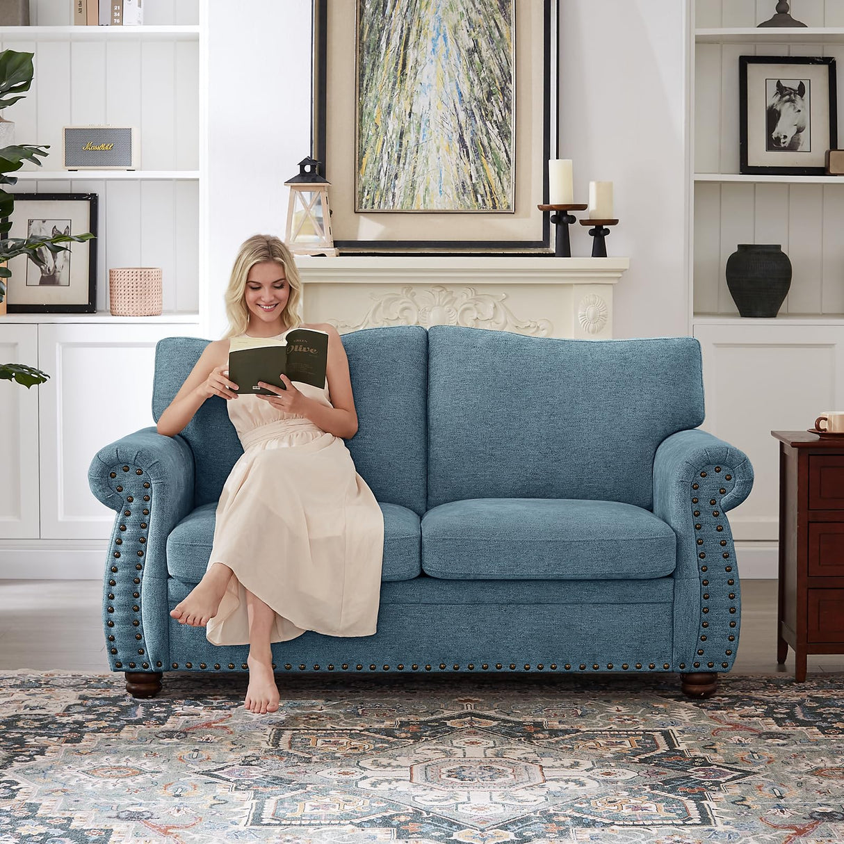 ONBRILL Nailhead Sofa, 66" Small Couch with Rolled Arms, Chenille Fabric Loveseat w/Springs Seat Cushion, Vintage Curved Back, Turned Wood Legs, Comfy Couch for Living Room, Bedroom, Farmhouse, Teal ONBRILL