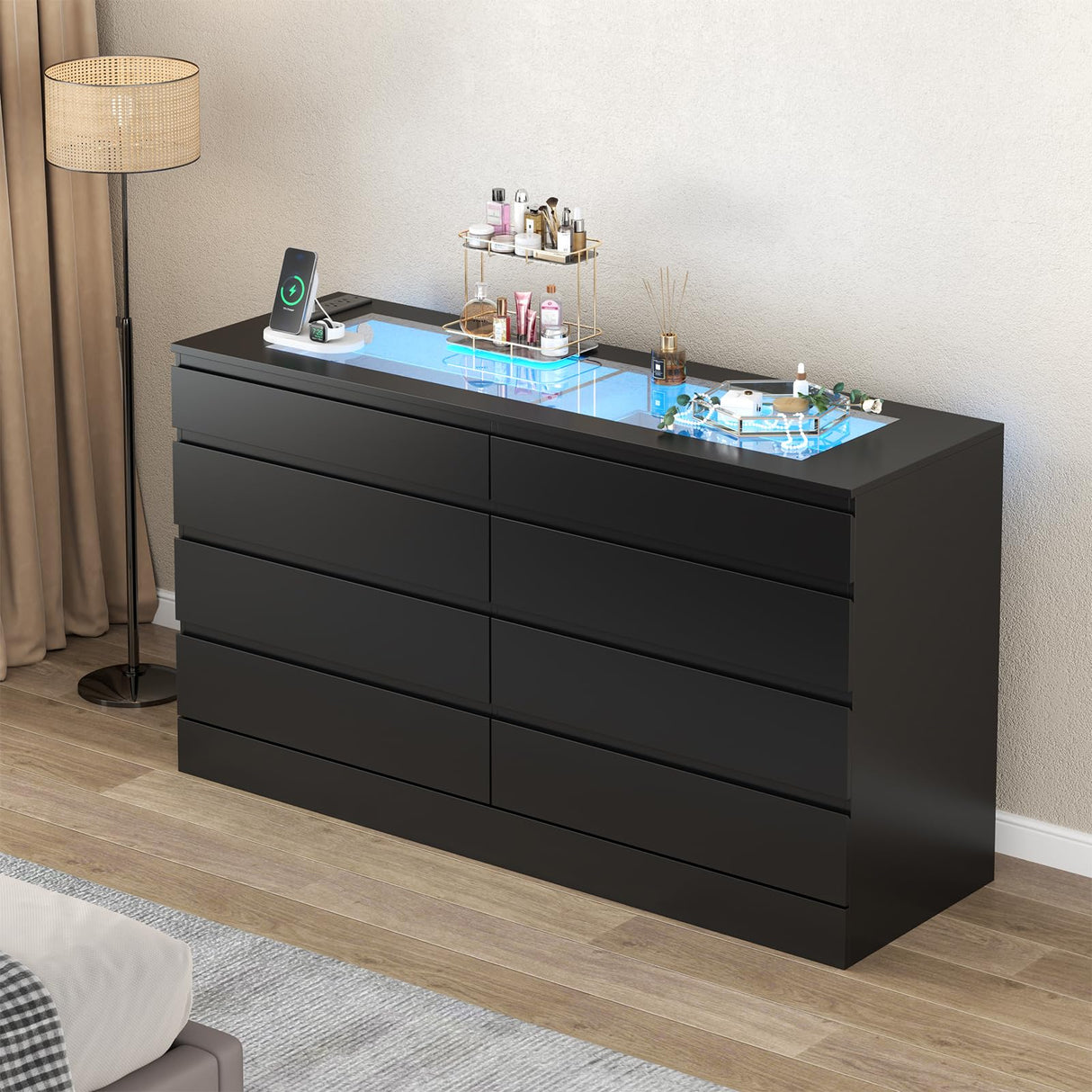 Gyfimoie 8 Drawer Dresser with Power Outlet, Modern Chest of Drawers with LED Light & Glass Top, Wood Double Dresser TV Stand with Organizer Storage for Bedroom, Living Room, Closet (Black) Gyfimoie