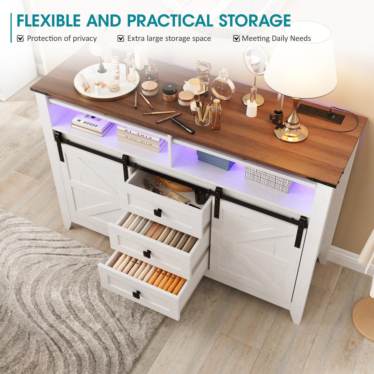 Maupvit TV Stand with Flap&Sliding Doors 47.24" W Television Table Stands with 3 Drawers,LED Lights and Charging Station,Wooden Dresser for Living Room,Hallway,Closet,Entryway,Bedroom,White Maupvit