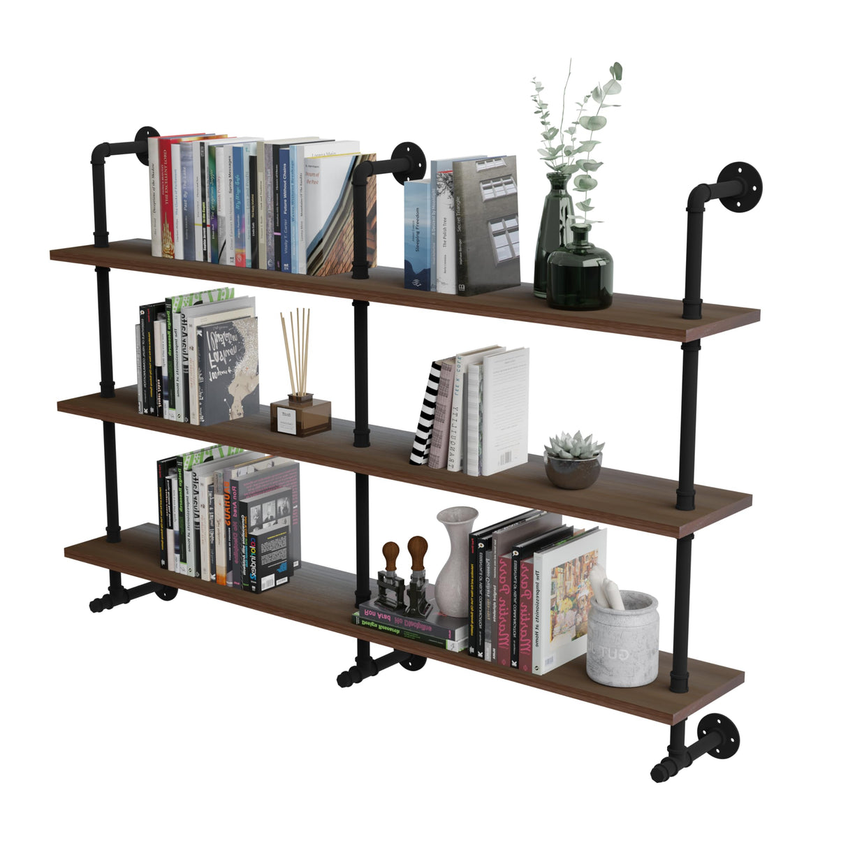 ROGMARS Industrial Pipe Wall Shelves Pipe Shelving,Natural Wood 60 Inches Long Walnut Floating Shelves for Wall Farmhouse Pipe Book Shelves for Kitchen,Living Room, Bar Shelving ROGMARS