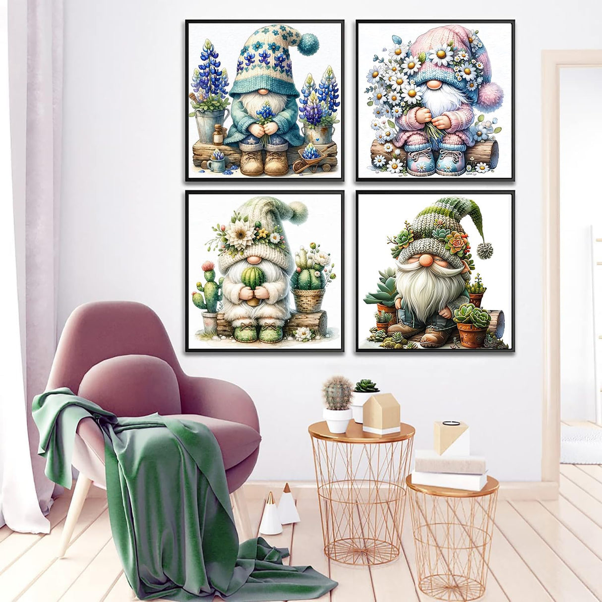 Diamond Art Kits for Adults, 4 Pack Spring Gnomes Diamond Painting Kits for Adults, 5D Round Full Drill Paint with Diamonds Gem Art Dots Crafts Painting Set for Home Wall Decor Gifts 12x12inch Meothan