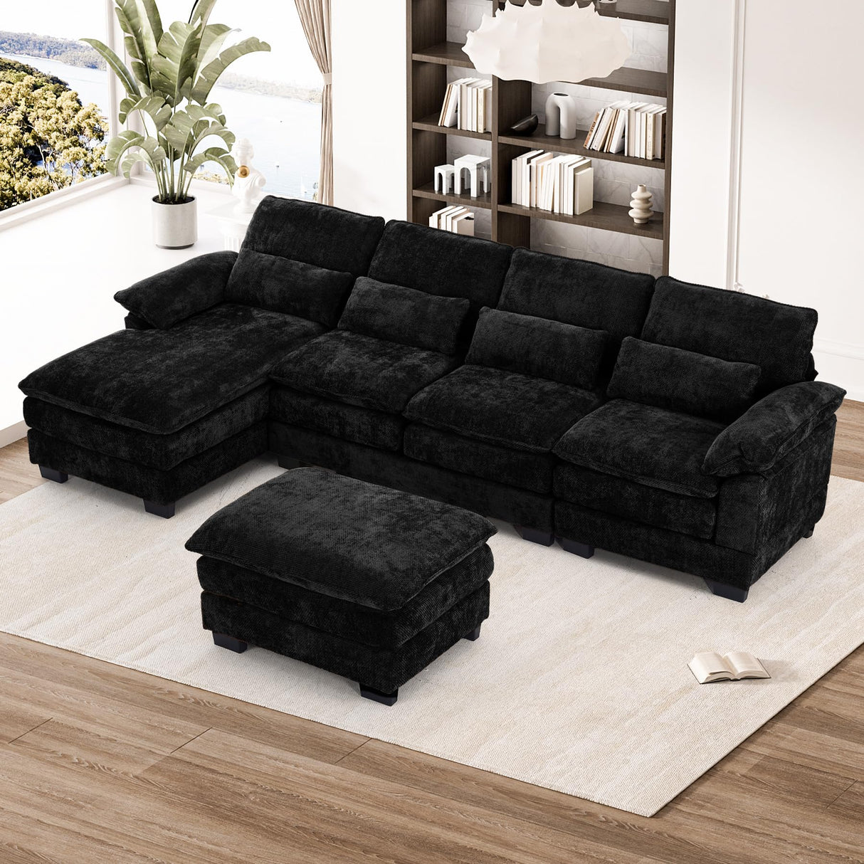 OUYESSIR 114" U Shape Sectional Cloud Couch with Ottoman,Fluffy Sectional Couches for Living Room,4 Seater Modular Sectionals Sofa,Comfy Cloud Sofas & Couches with 4 Pillows,Light Black OUYESSIR