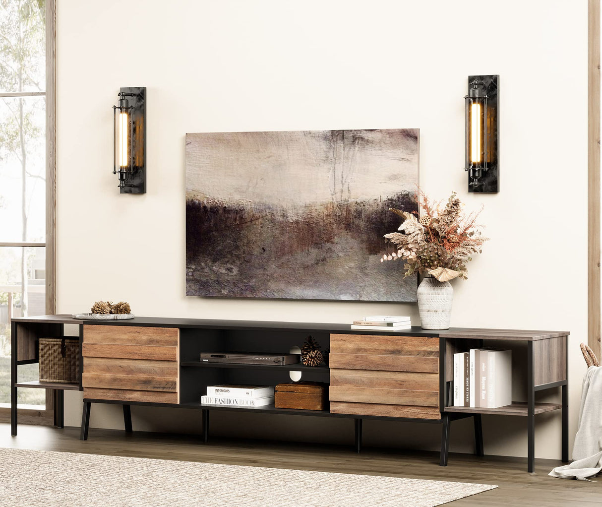 WAMPAT Mid-Century TV Stand for 90 Inch TV, Wood Entertainment Center for 75-105 Inch TV, TV Console Table with Storage Cabinet & Metal Leg, Television Stands for Living Room, Black & Brown, 100 Inch WAMPAT