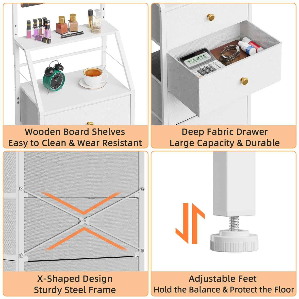 HIGDBFE Dresser with Mirror, 4 Drawers Dresser with 2-Tier Shelves, Freestanding Fabric Chest of Drawers for Small Space, Tall Narrow Nightstand Vanity for Bedroom, Hallway, Dorm, White, 15.3" W HIGDBFE