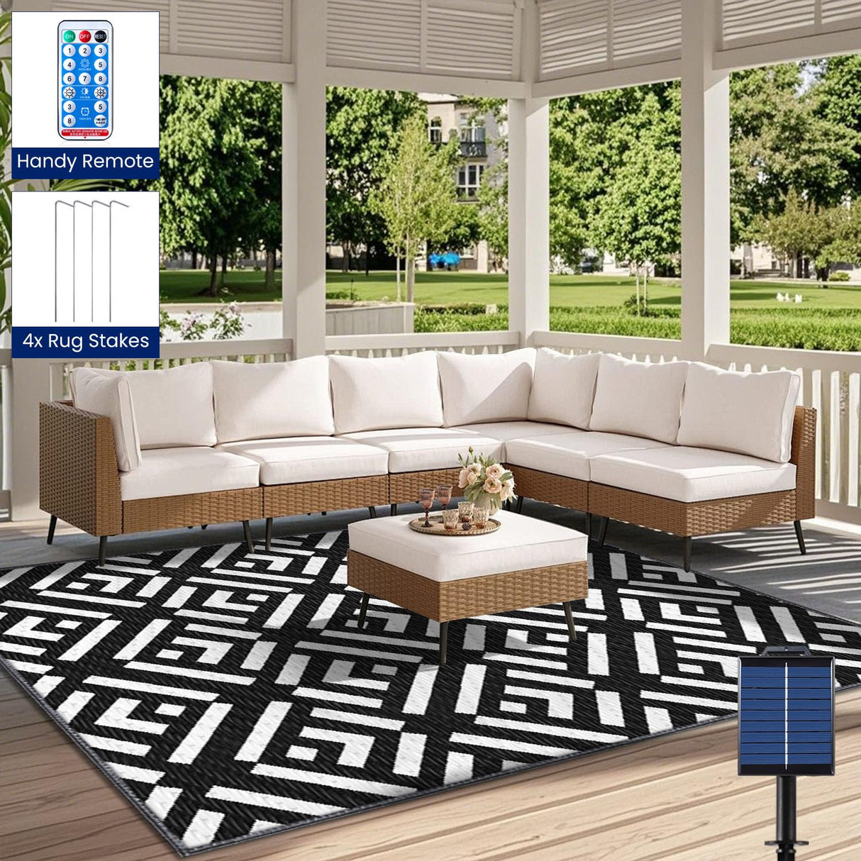 Outdoor Rug 6x9Ft, Solar Powered Outdoor Camping Rug with 94LEDs Strip Lights, Waterproof Plastic Reversible Outdoor Straw Rugs, Rugs Mat for RV Camping Patio Beach Balcony House Deck Picnic carpopo