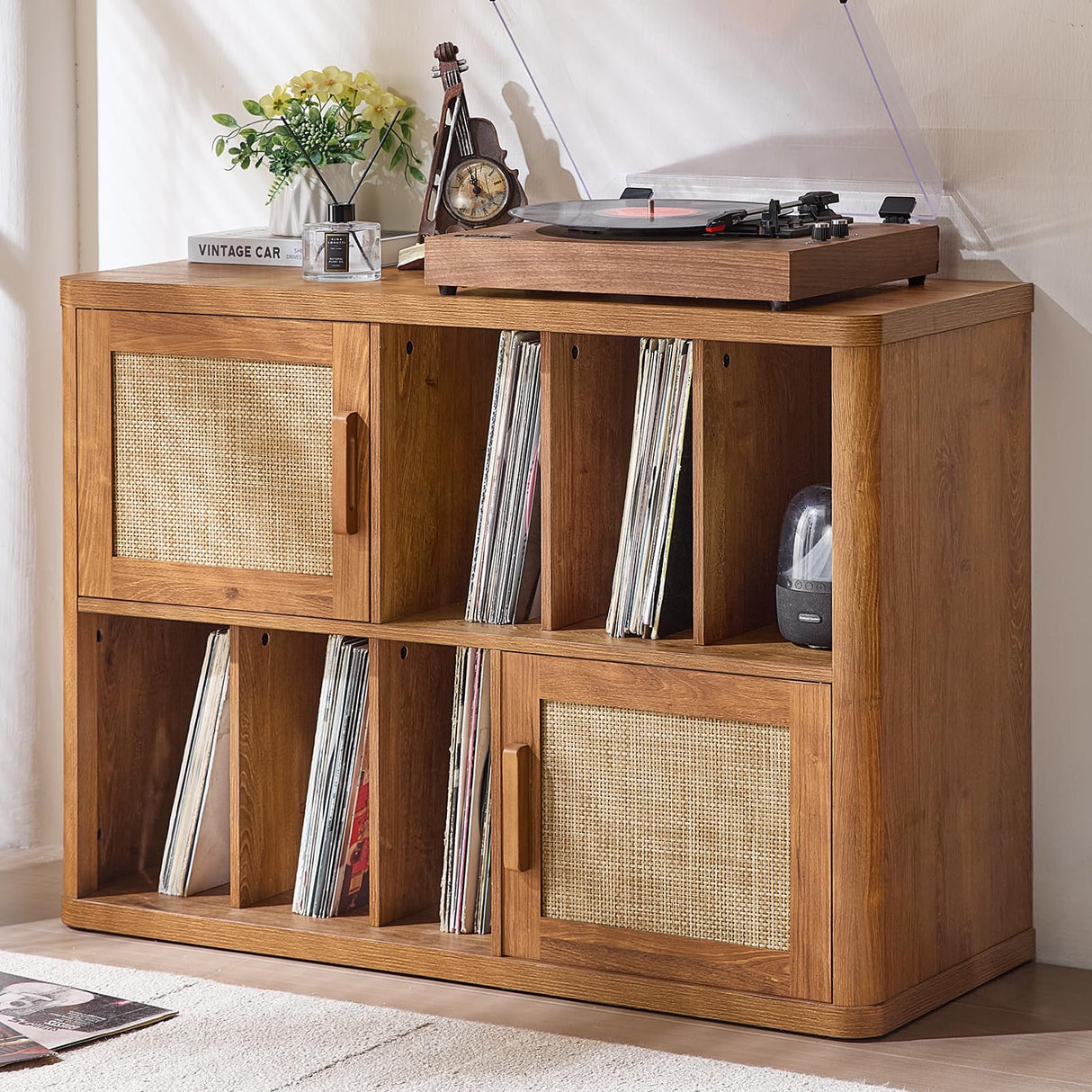 LEYAOYAO Large Record Player Stand with Vinyl Storage Up to 450 Albums, Wood Rattan Boho Record Storage Accent Cabinet, Modern Stereo Media Cabinets, Wide Turntable Stand for Living Room, Tea Brown LEYAOYAO