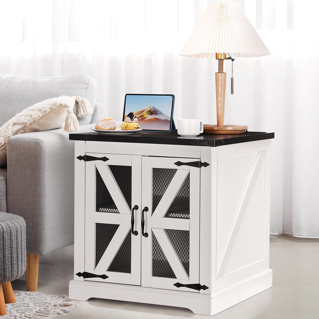 Decofy Farmhouse End Table with Storage Cabinet, 24" Large Sofa Side Table, Industrial Farmhouse Side Table for Living Room, Square Top with Power Outlet, Adjustable Shelves(White) Decofy