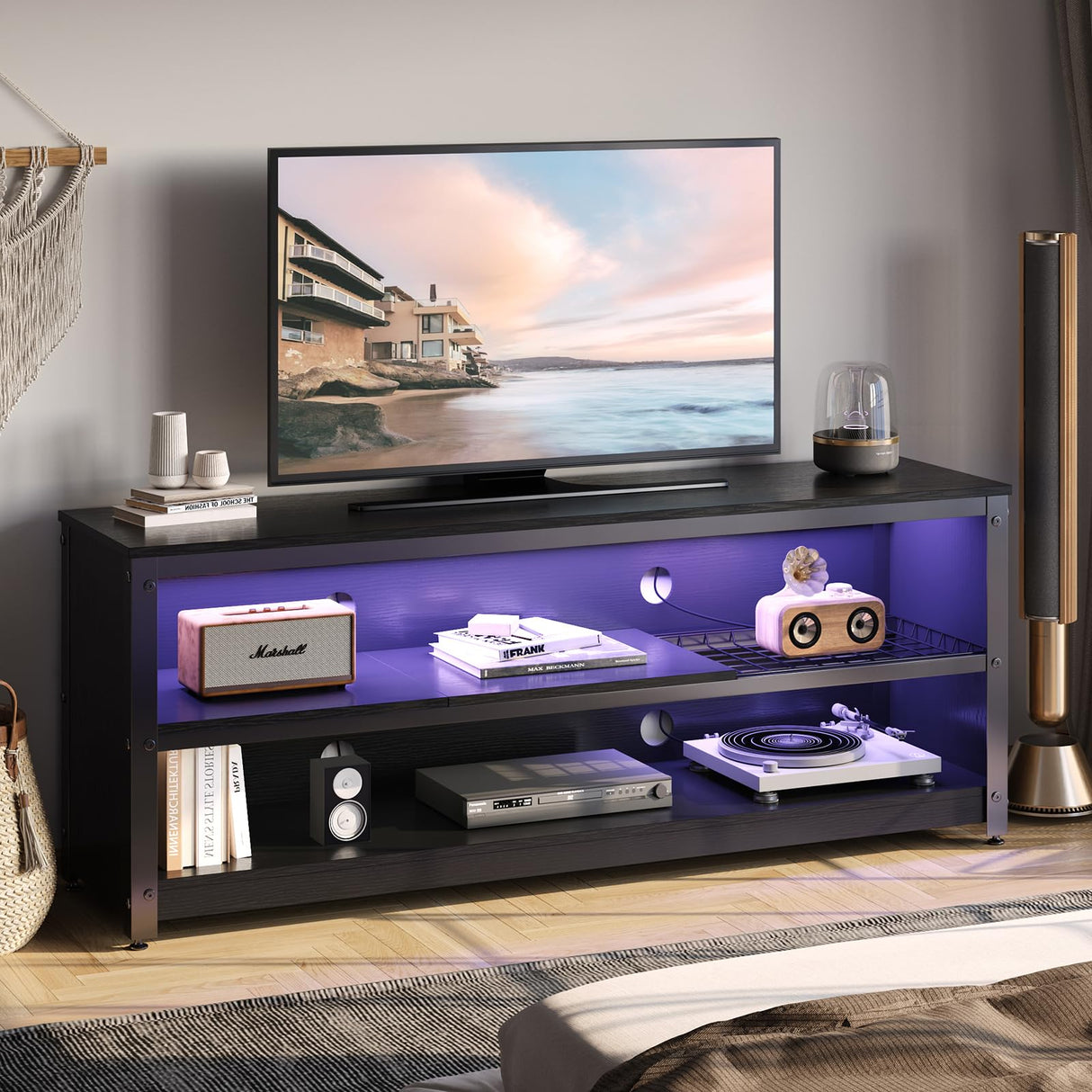 Bestier Gaming TV Stand with LED Light for TVs up to 60 Inch, Entertainment Center with Adjustable Shelves, Modern Industrial TV Media Console with Storage Shelves for Living Room Bedroom, Black Bestier