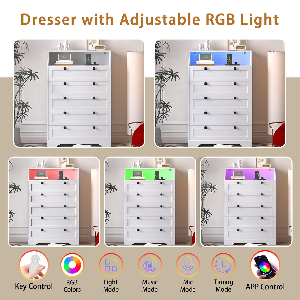 Wodeer 5 Drawer Dresser with Charging Station,LED Dresser for Bedroom,Chest of Drawers with Deep Drawers, Wood Dresser for Storage and Organization for Bedroom,Hallway,Living Room,White Wodeer