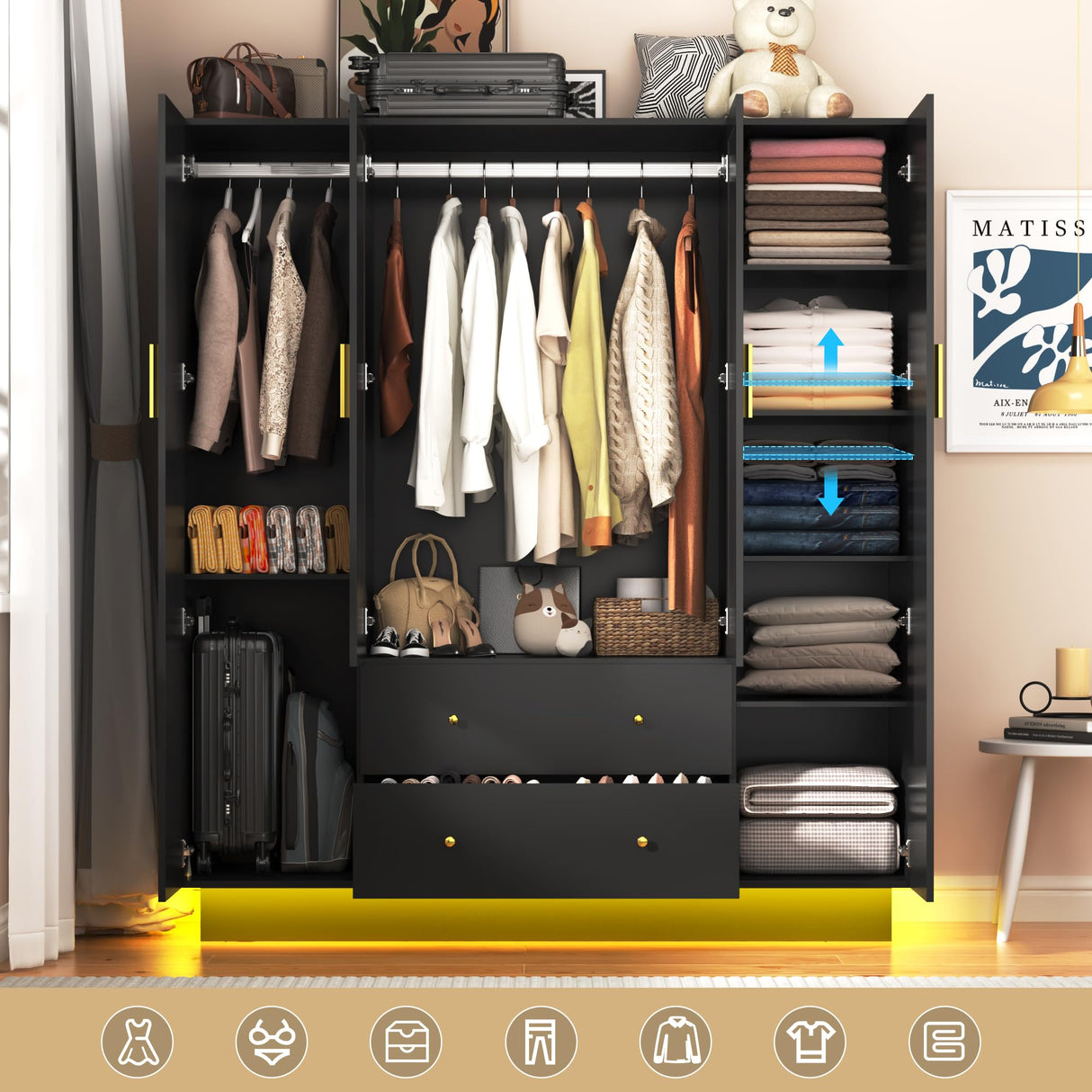 4 Doors Armoire Wardrobe Closet with Mirror, LED Armoire with Doors and Drawers, Wooden Wardrobe Storage Cabinet with Hanging Rod, Adjustable Shelves, Black chartustriable