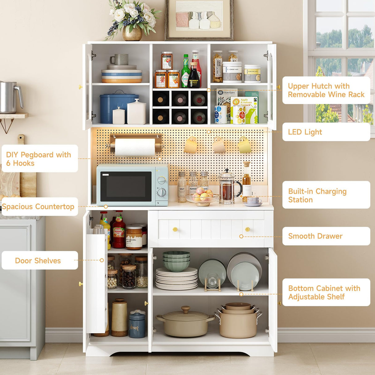 ONBRILL 71" Pantry Storage Cabinet with Microwave Shelf & Door Shelves, Kitchen Wood Pantry with Outlet & LED Light, Kitchen Hutch with DIY Pegboard & 6 Hook, Modern Cabinet with Drawer & Wine Rack ONBRILL