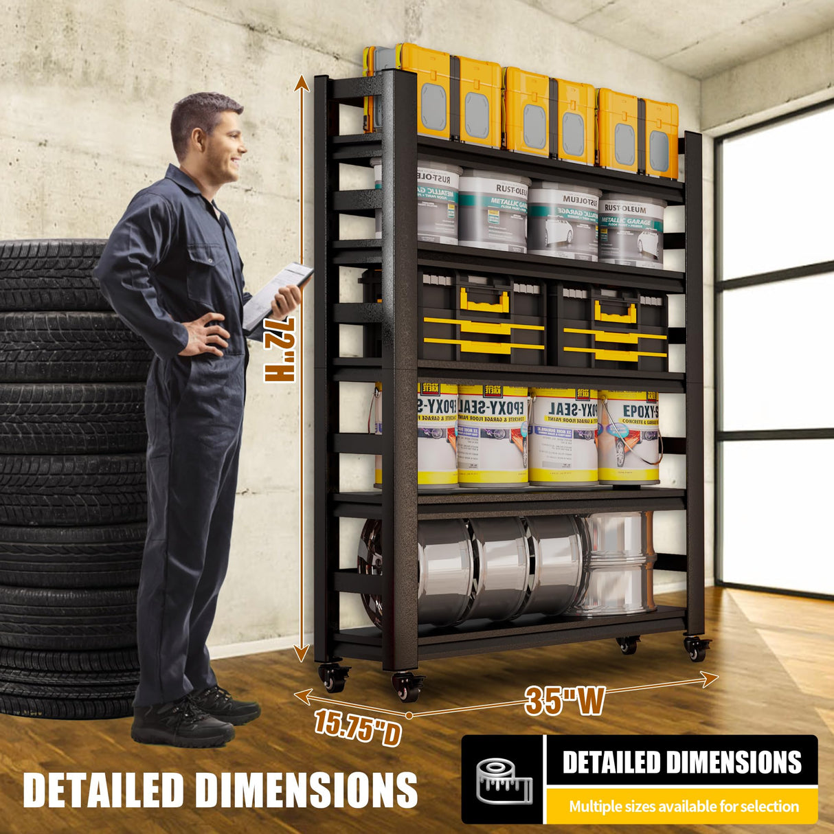 SFTORMAS 72" H Garage Shelving with Wheels Heavy Duty Storage Shelves Adjustable 5 Tier Metal Shelves for Garage Warehouse Basement Industrial Utility Racks,Black,72" HX35 WX15.75 D SFTORMAS