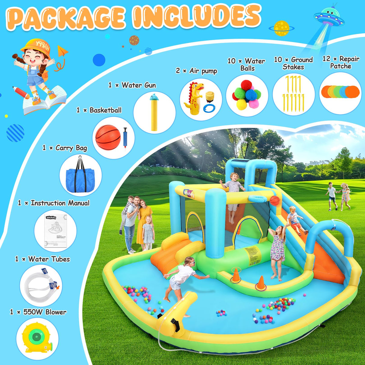 Whubefy 12.8x12Ft Large Waterslide Bounce House for Big Kids 3-10, 13-in-1 Inflatable Bounce House Water Slide with Splash Pool, Jump Bouncy Castle, Blow up Water Slides Park for Kids Backyard Party Whubefy