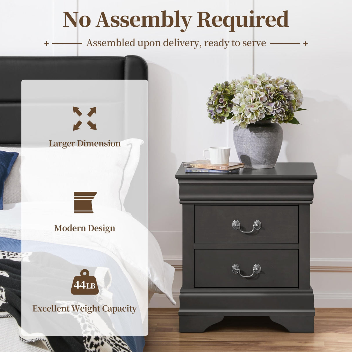 Yaheetech Fully-Assembled Nightstands Set of 2, 2-Drawer Nightstands Large Classic Bedside Tables with Storage, Wooden Painted Storage Cabinet for Bedroom, 21.5″L×16″W×24.5″H, Rustic Gray Yaheetech