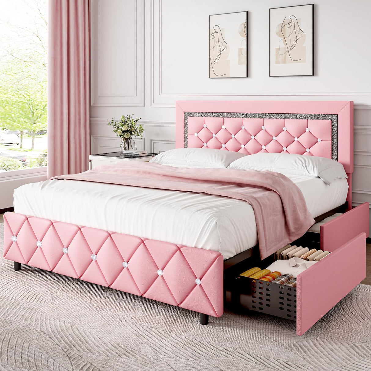 Full Size Bed Frame with LED Lights, Upholstered Bed Frame with Storage Drawers, Princess Platform Bed with Diamond Headboard and Footboard, No Box Spring Needed, Pink BarnFurin