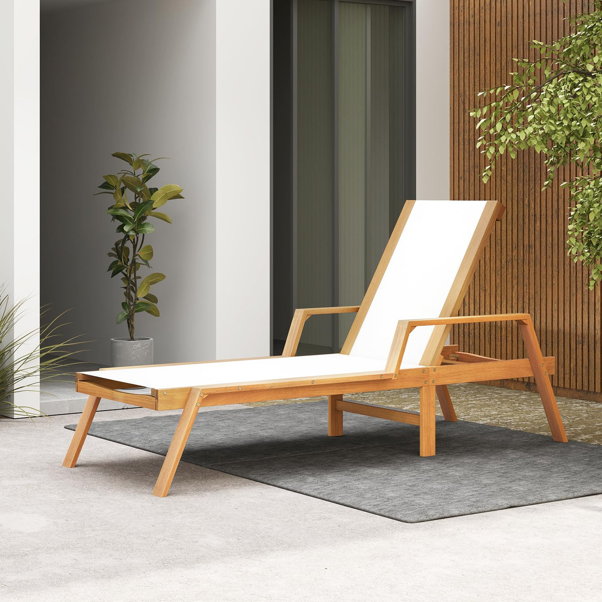 Tangkula Patio Chaise Lounge Chair, 5 Position Adjustable Acacia Wood Patio Lounger, for Backyard, Porch, Poolside (1) Tangkula