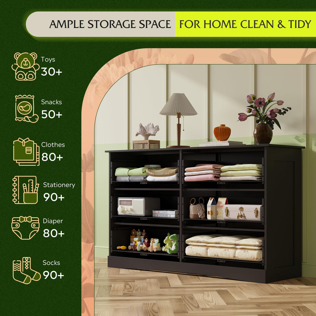 WLIVE Wood Dresser for Bedroom, Wide Chest of Drawers with 6 Drawer, Oak Furniture Large Storage Tower Unit, Closet Store Organizer for Living Room, Hallway, Long Nightstand, Modern Minimalist Black WLIVE