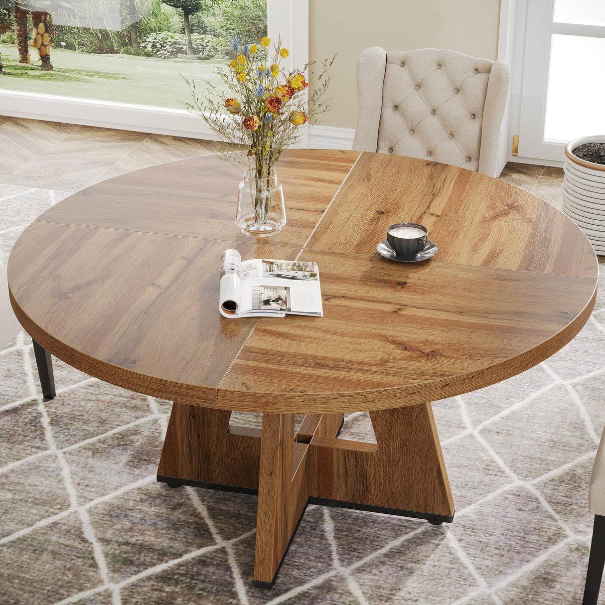 Tribesigns Farmhouse Dining Table, 47 Inch Round Dinner Table for 4, Rustic Round Dining Room Table for Home Dining Room Living Room (Wood) Tribesigns