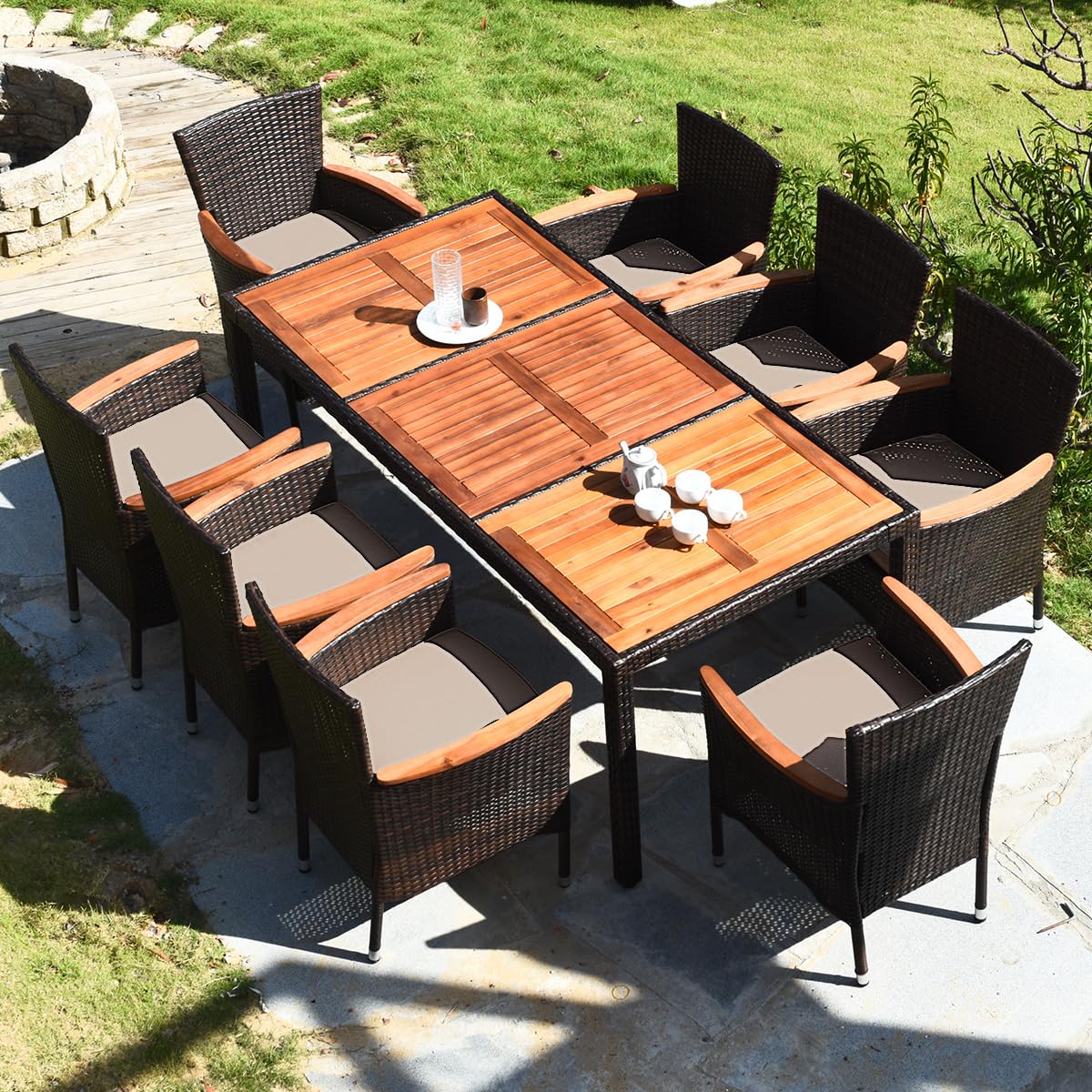 COSTWAY 9PCS Patio Rattan Dining Set 8 Stackable Chairs Cushioned Acacia Wood Table Top COSTWAY