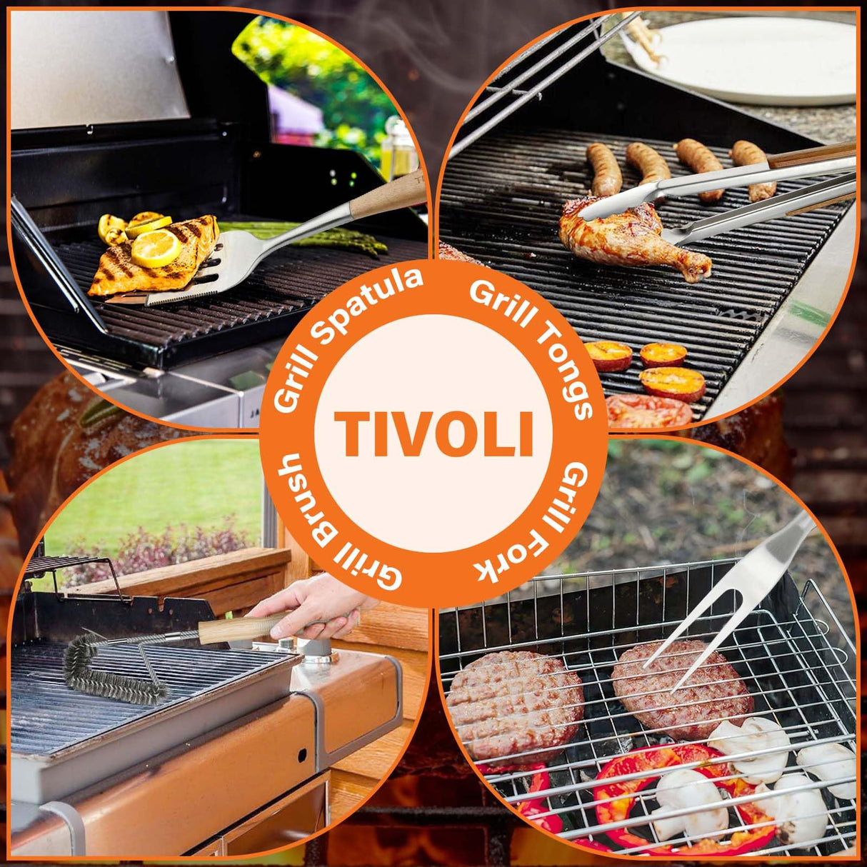 TIVOLI Grill Set 4PC BBQ Tools Set Grill Accessories with BBQ Spatula, BBQ Clips, Brushes, BBQ Forks Heavy Duty Grill Kit Grill Tools for Outdoor Grill with Wood Handles Gift Ideas for Dad Man TIVOLI
