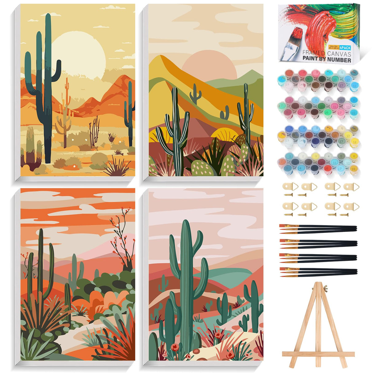 Offito 4 Pack Framed Paint by Numbers Kit for Adults Beginners with Wooden Easel, Cactus Easy Paint by Number Kit with Frame, Watercolor Adult Paint by Number Framed Canvas (8 * 12 Inch) Offito