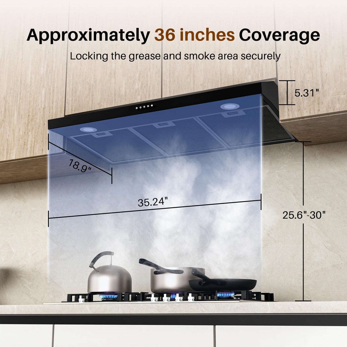 FIREGAS Black Under Cabinet Range Hood 36 Inch, Ducted/Ductless Convertible Kitchen Hood with 3 Speed Exhaust Fan, 300 CFM, LED Lights, Brushlesss DC Motor Vent Hood for Kitchen FIREGAS