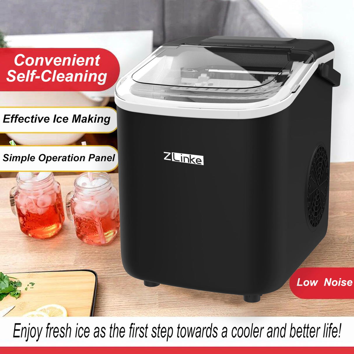 Countertop Ice Maker, Ice Maker Machine 6 Mins 9 Bullet Ice, 26.5lbs/24Hrs, Portable Ice Maker Machine with Self-Cleaning, Ice Scoop, and Basket (Black) Zlinke