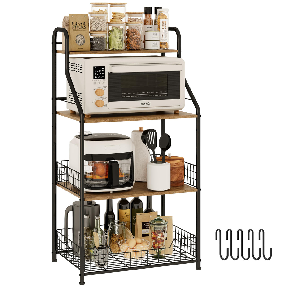 Microwave Stand with Storage 4-Tier, Bakers Racks for Kitchens, Coffee Cart Microwave Cart with Storage, Metal Bakers Rack with Storage, Coffee Cart with 5 S-Hooks Sonyabecca