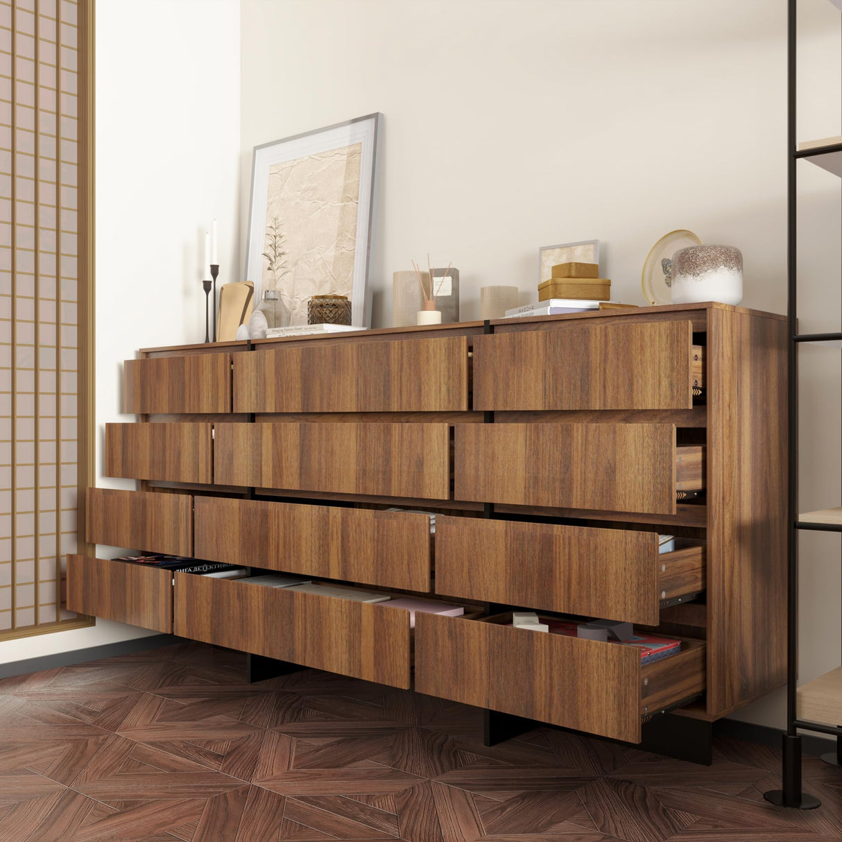 ECACAD 70.9" Dresser with 12 Handleless Drawers, Mid-Century Modern Chest of Drawers with Slide Rails, Wooden Storage Dresser for Bedroom Living Room, Brown & Black ECACAD