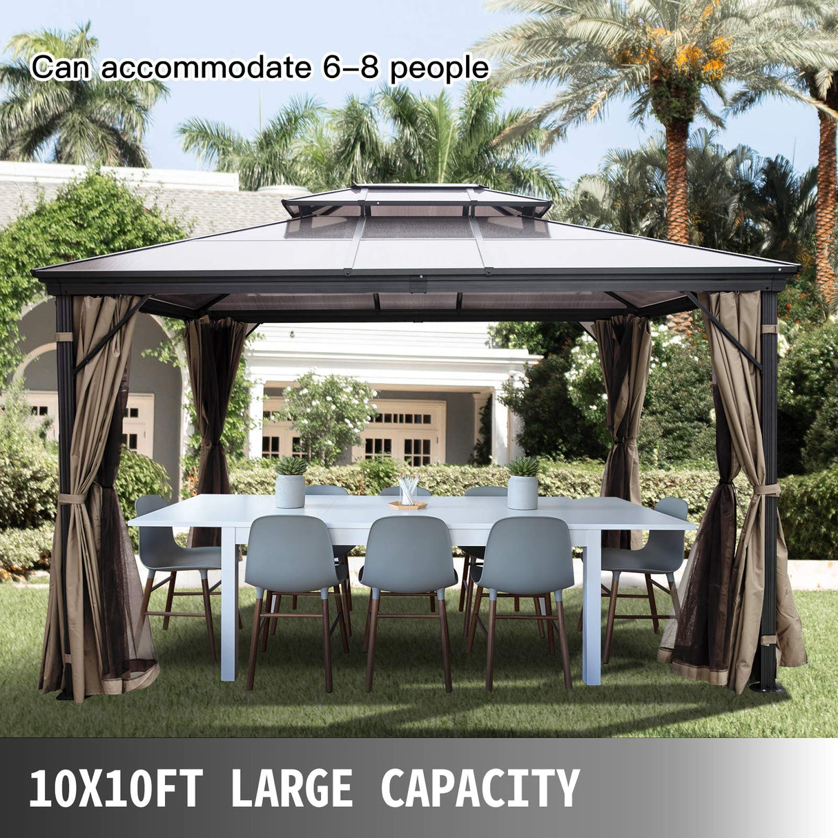 Happybuy Polycarbonate Hardtop Roof Gazebo 10' x 10' with Netting - Metal Gazebo Aluminum Permanent Double Tier Roof- Gazebos for Patios, Backyard, Outdoor and Lawn Happybuy
