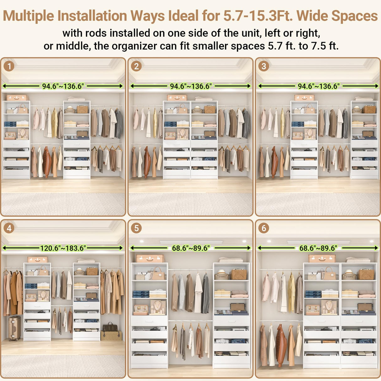 Aheaplus Closet System, 6-15Ft Closet Organizer with 8 Wooden Drawers, Wood Closet Organizer System with Tower, Walk-in Closet Organizer Wardrobe Clothes Rack with 4 Hanging Rods, Garment Rack, White Aheaplus