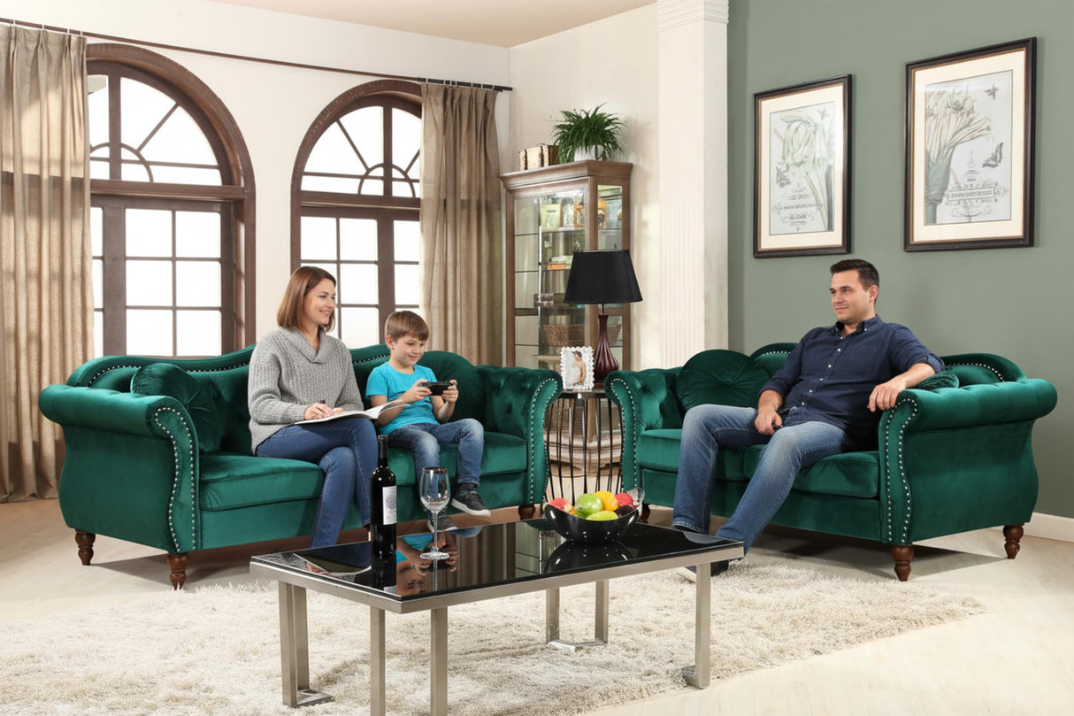 Container Furniture Direct Anna1 Chesterfield Velvet Couches for Living Room, Button Tufted Luxury Upholstery with Rolled Arms, High-Density Foam, Durable Wood Frame, 65.5" Loveseat, Green Container Furniture Direct